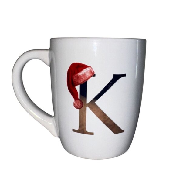 Monogram Holiday White Ceramic Mug K With Santa Hat & "Ho Ho Ho" Text - Picture 1 of 5